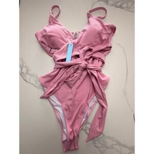 NWT Women’s Pink Ribbed One Piece Swimsuit Tie Waist XL
